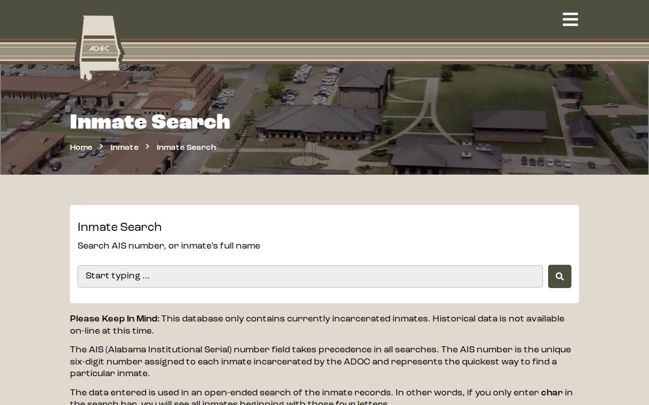 Alabama Department of Corrections current inmate search fields and custody notice