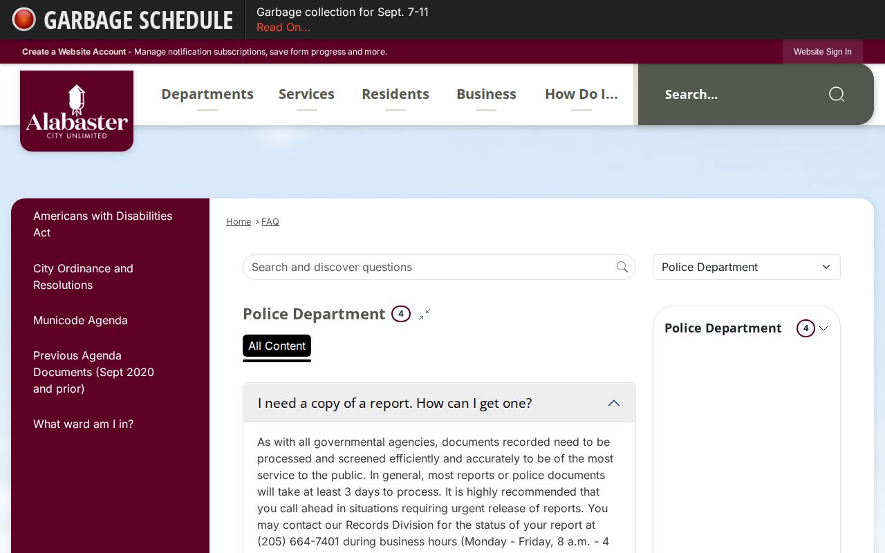 Alabaster Police records FAQ for arrest report timing