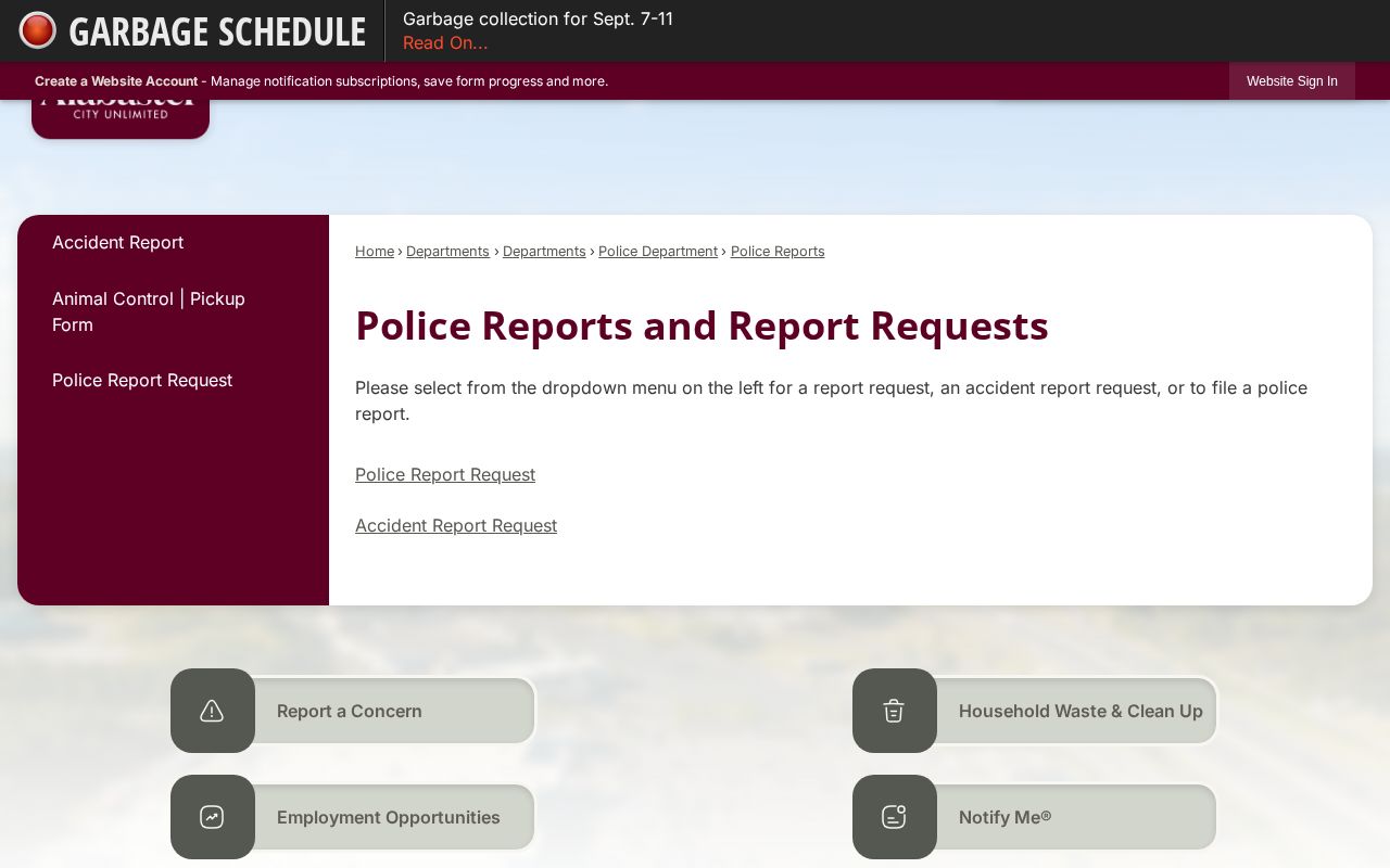 Alabaster Police official arrest and police report request page